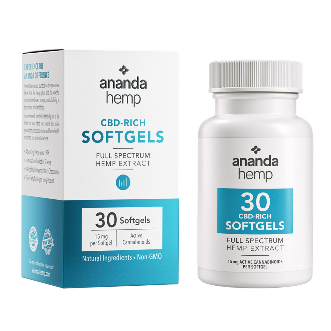 The front box and bottle of the Ananda Hemp Full Spectrum CBD Softgels. You get 30 full spectrum softgels totaling 450mg in every bottle. Each 15mg softgel is loaded with Ananda’s premium active cannabinoids. - thehemphaus