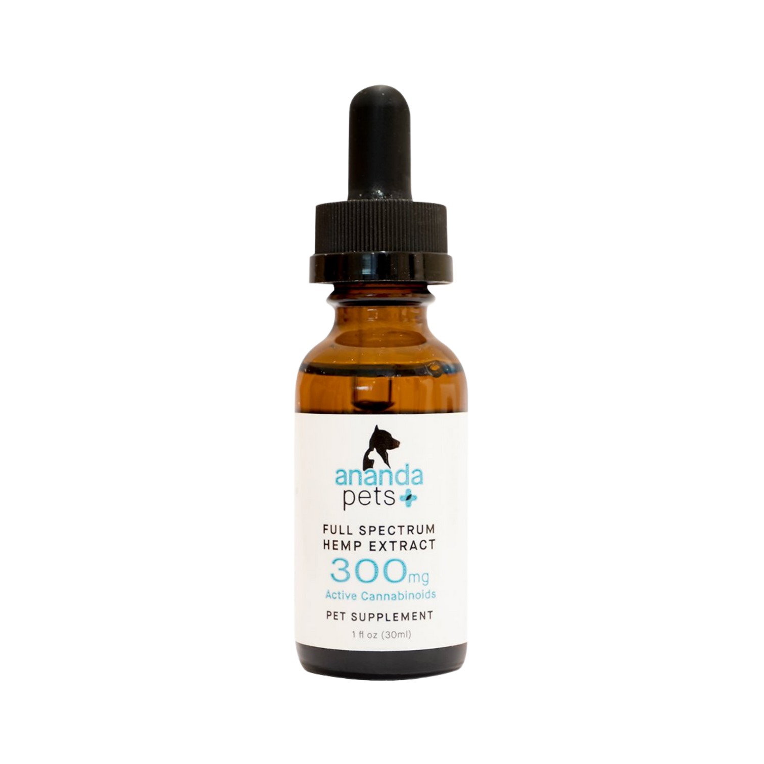 The front glass bottle of the Ananda Pets Full Spectrum CBD Extract with 300mg of Active cannabinoids in a 1 fluid ounce (30 ml) glass bottle.  Edit alt text - thehemphaus