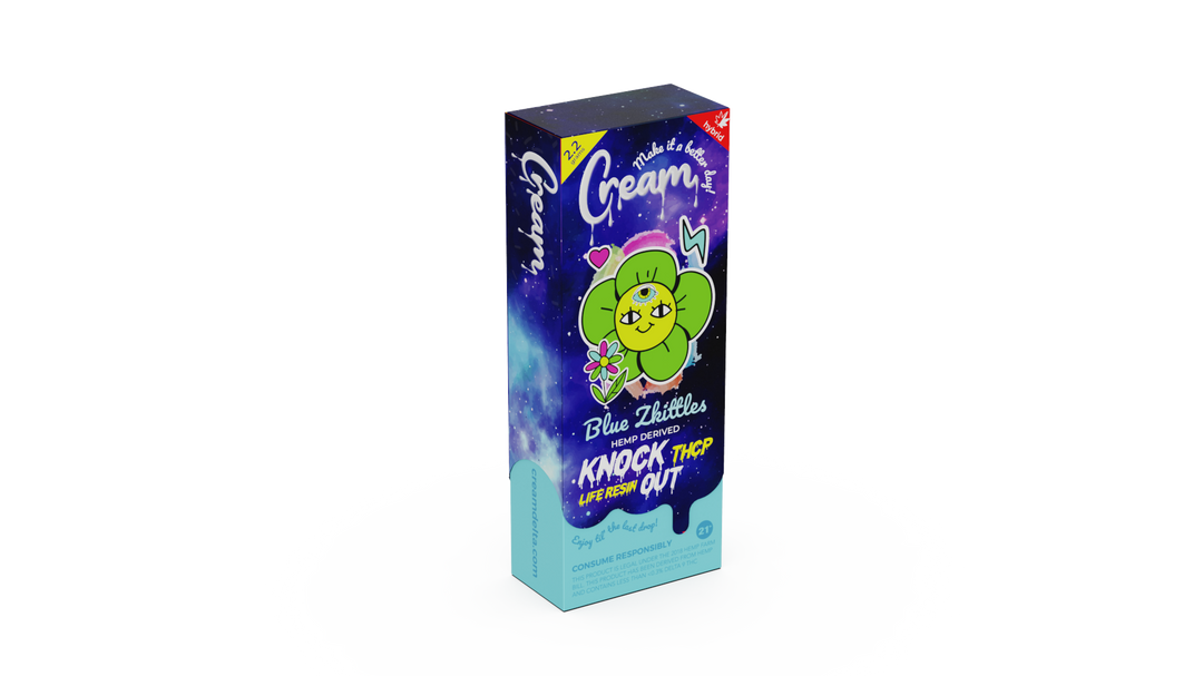 Cream Knock Out THCP Live Resin Disposable Rechargeable Vape - Blue Zkittles Hybrid Strain - 2.2 grams - thehemphaus