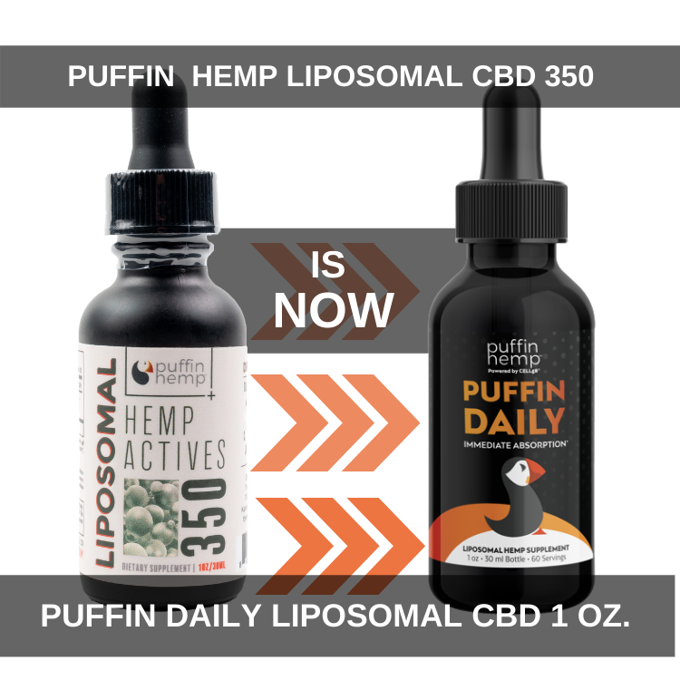 The Puffin Hemp Liposomal CBD is now Puffin Daily Liposomal CBD in a 1 oz. black glass bottle.  Same great formula even better taste! - thehemphaus