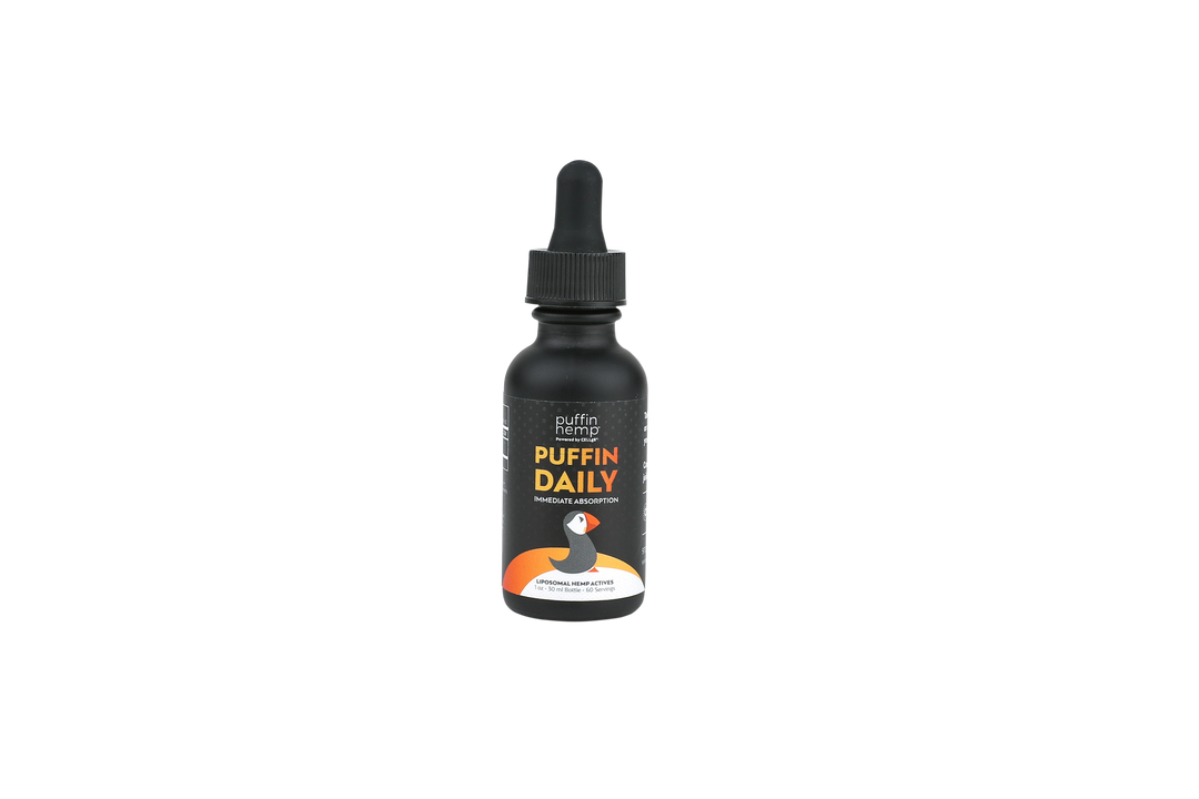 One bottle of the Puffin Daily Liposomal CBD tincture. Liposomal CBD bypasses the stomach and absorbs directly into the blood stream allowing you to feel the overall effectiveness of the CBD within minutes of consuming.  - thehemphaus